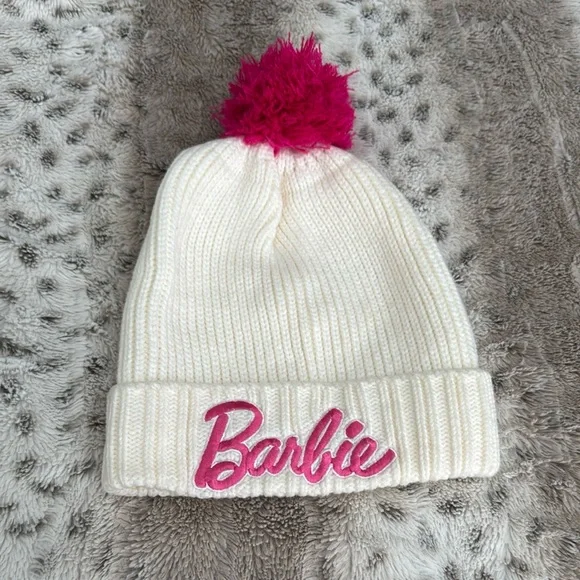 Barbie Cream Beanie with Pink Pom Pom - Picture 2 of 5